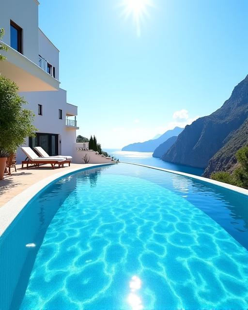 Una piscina a sfioro con vista sul mare della Costiera Amalfitana.