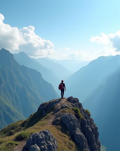 Un escursionista in cima a una montagna con vista sulla valle.
