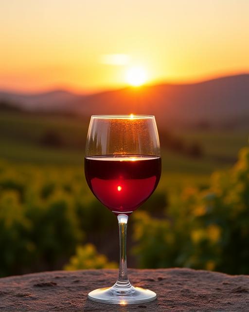 Un bicchiere di vino rosso con vista su un vigneto al tramonto.