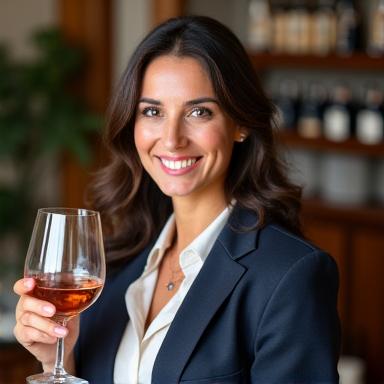 Ritratto professionale di Elena Ricci, sommelier in una cantina.